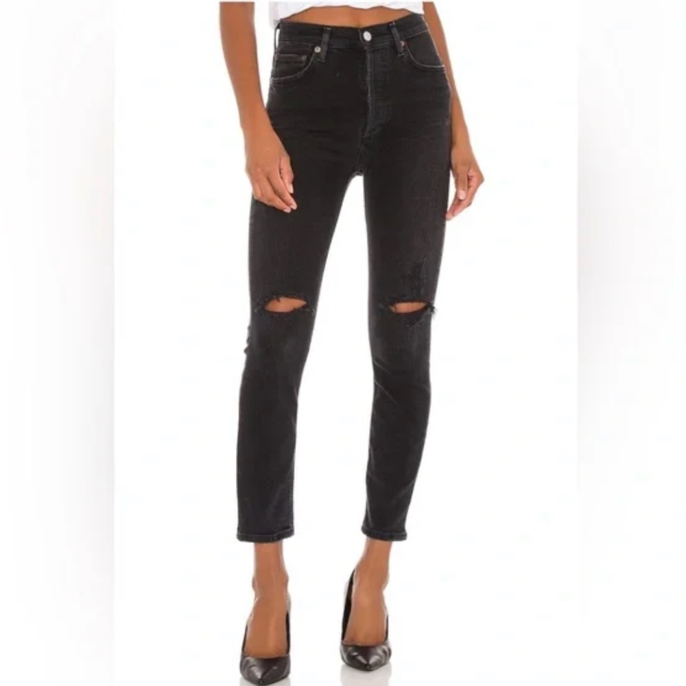 AGOLDE Nico Grunge High Rise Slim Leg Distressed Jeans in Black Size 27
